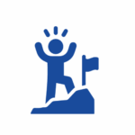 an outline of a person ascending a mountain towards a goal flag at the top. Their arms are stretched up in the air in a victory pose.