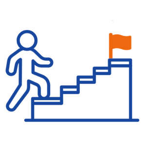 a person walking up a set of stairs towards a flag
