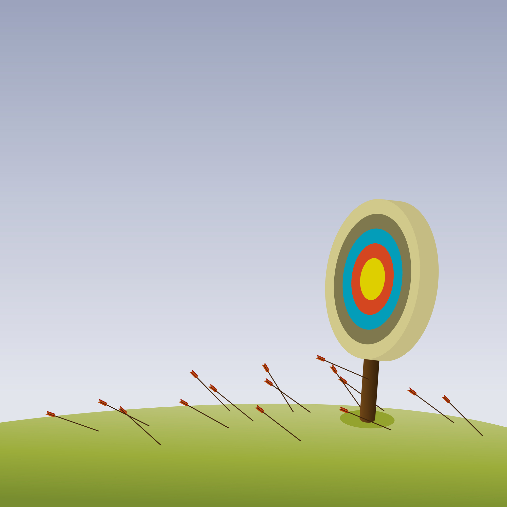 a bullseye with arrows on sticking into the ground around it