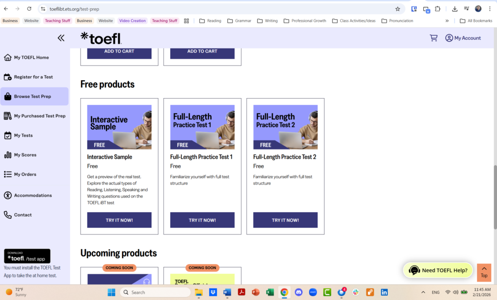 a screenshot that shows free TOEFL preparation.  There's an interactive sample and 2 full-length practice tests. 