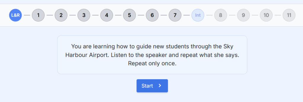 A screenshot showing the instructions for a TOEFL Listen and Repeat question.  It gives the context of talking about the inside of an airport.