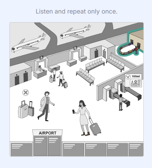 the same image as above inside of an airport, but now the baggage claim area is highlighted.