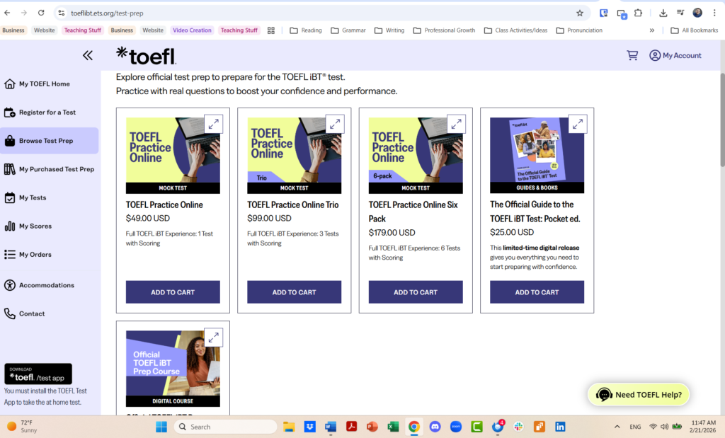 a screenshot showing paid preparation for TOEFL.  The official guide now costs $25 USD, and practice tests are $49 USD each or 3 for $99 USD.  There's also the option for 6 tests for $179 USD.