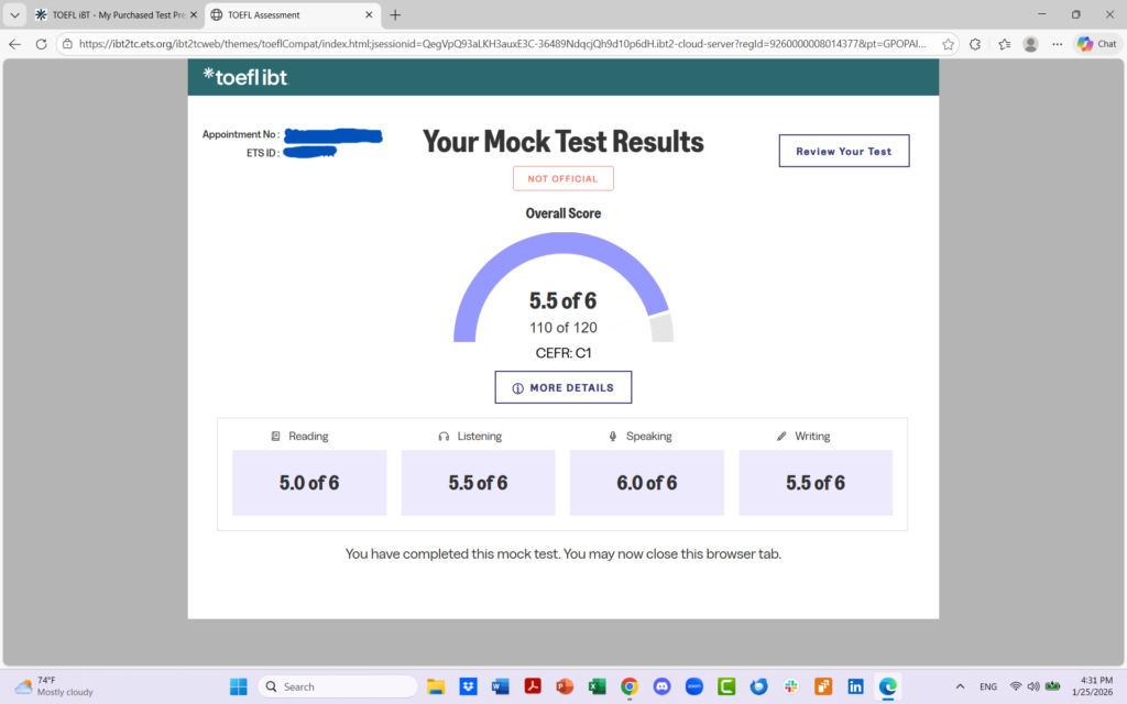 a screenshot showing scores from a TOEFL practice test.  The overall score is 5.5 or 110/120 with a score of 5.0 in reading, 5.5 in listening and writing, and 6.0 in speaking.