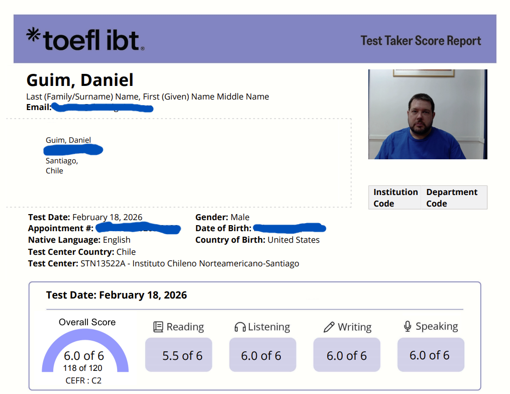 My official TOEFL score report.  It shows a score of 5.5 in reading and 6.0 in listening, speaking, and writing.  My overall score is 6.0/118 out of 120.