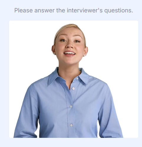 an image of an AI person speaking.  It shows a woman with light hair and a light blue shirt.