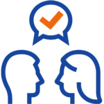 a picture of two people talking and a speech cloud with an orange checkmark